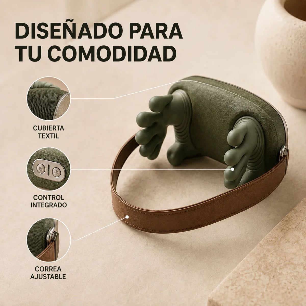 Cubierta textil, control integrado y correa ajustable del masajeador Palma
