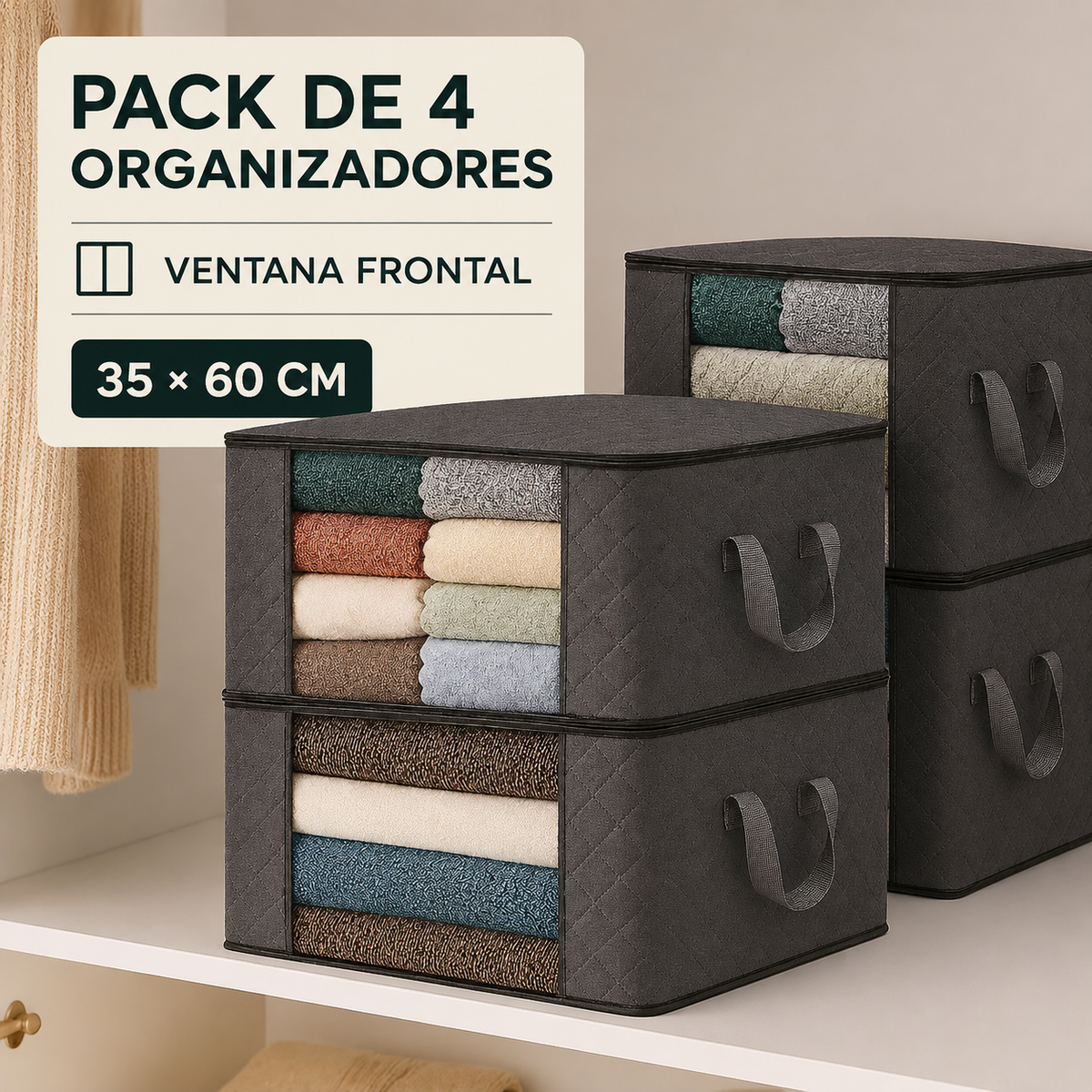 Pack de cuatro organizadores de ropa con ventana frontal