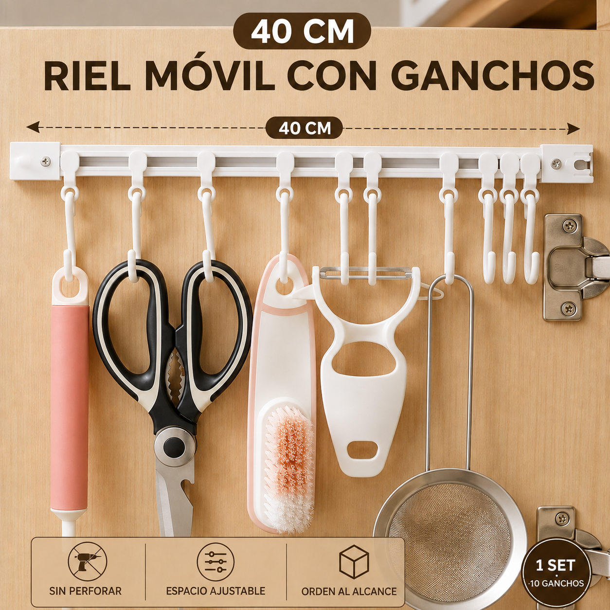 Riel blanco de 40 centímetros con diez ganchos móviles