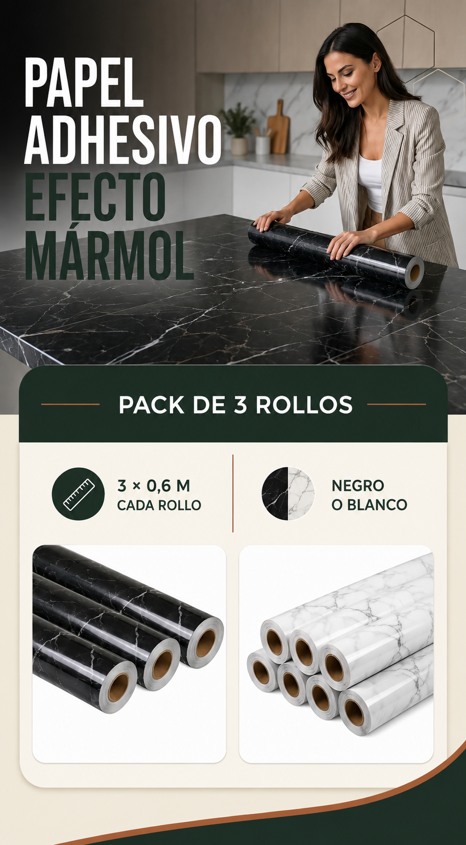 Papel adhesivo efecto mármol negro y blanco, pack de 3 rollos