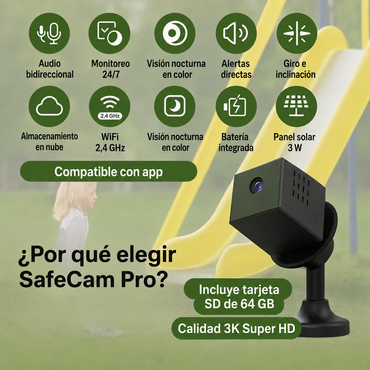 Cámara SafeCam Pro con panel solar