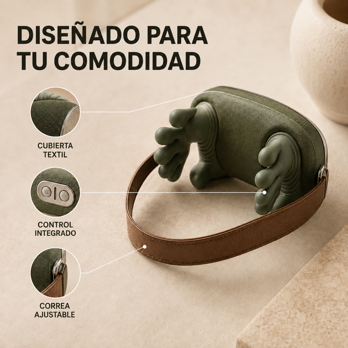 Cubierta textil, control integrado y correa ajustable del masajeador Palma