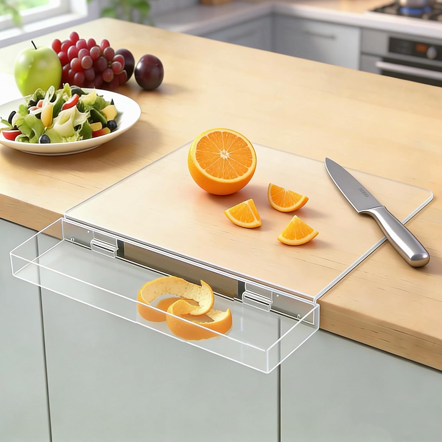 Tabla acrílica de cocina con contenedor lateral para residuos
