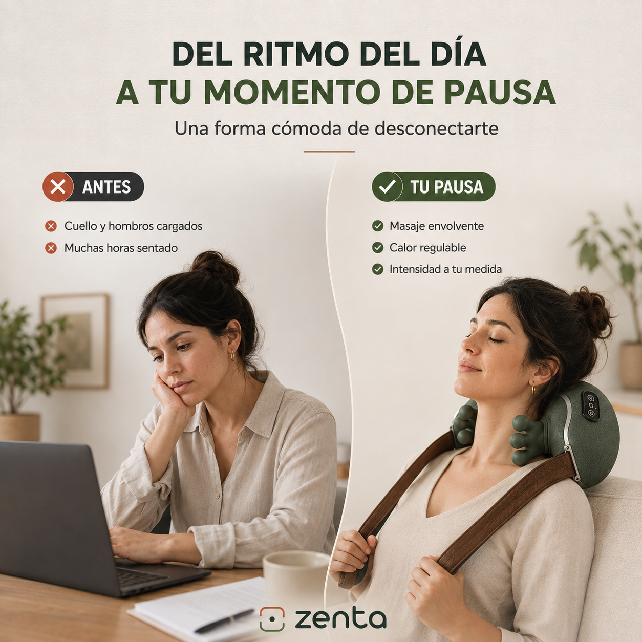 Zenta Tacto antes de la pausa y durante su uso en cuello y hombros