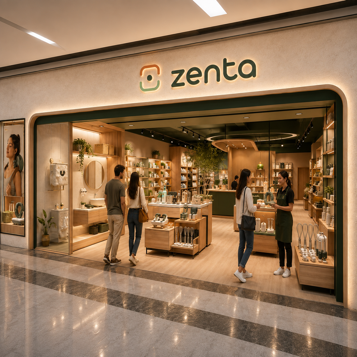 Concepto cuadrado de futura tienda física Zenta en un centro comercial