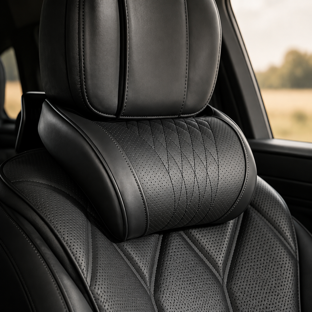 Vista de referencia del cojín Zenta Viaje ubicado bajo el apoyacabezas de un asiento de auto